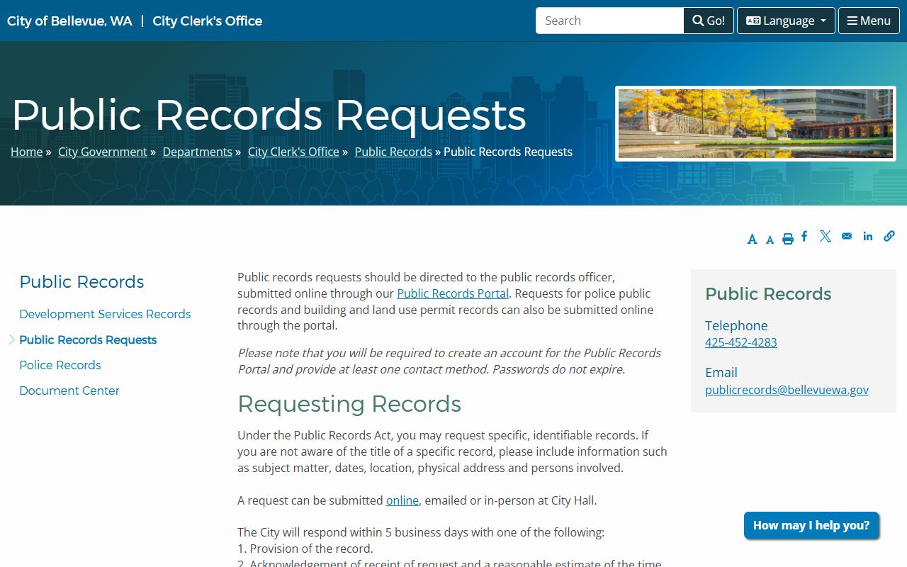 Bellevue public records request portal screenshot