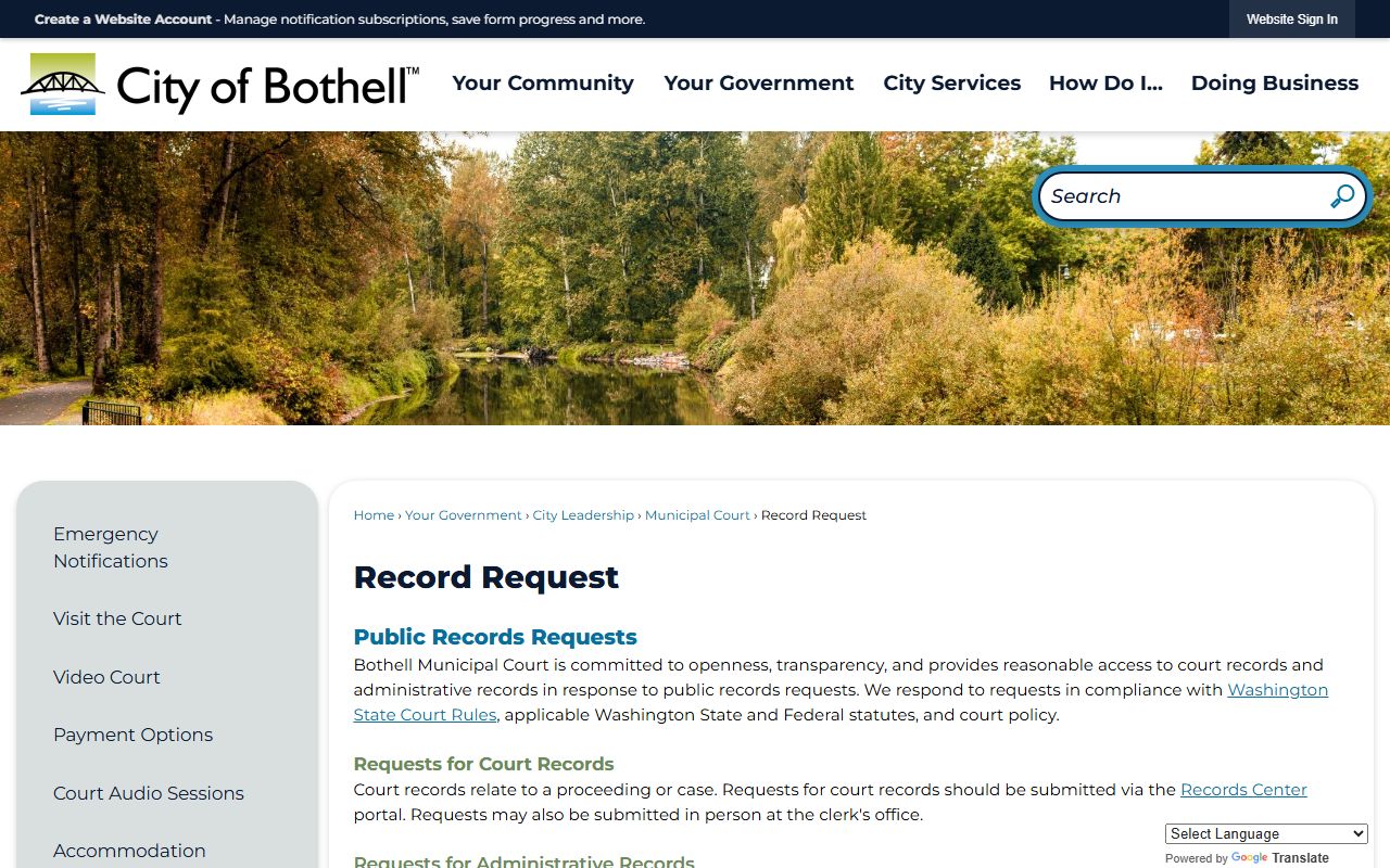 Bothell Municipal Court records request portal