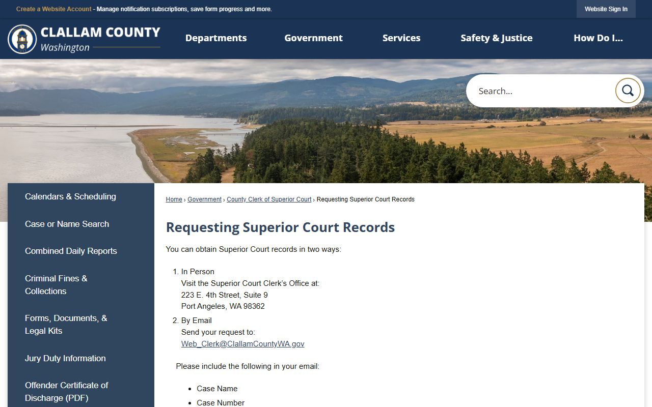 Clallam County requesting court records page with fees and email instructions