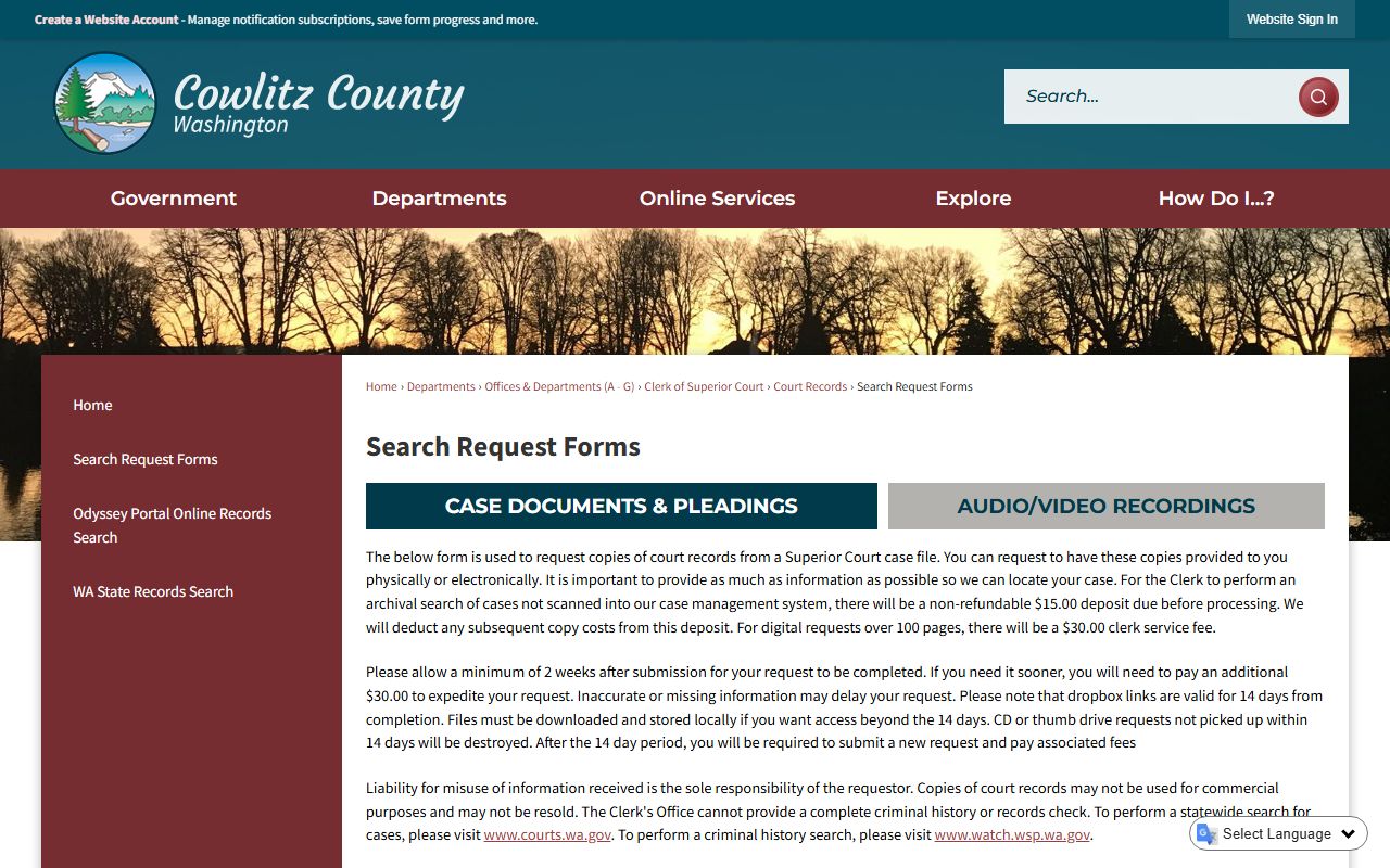 Cowlitz County clerk search request forms for court records
