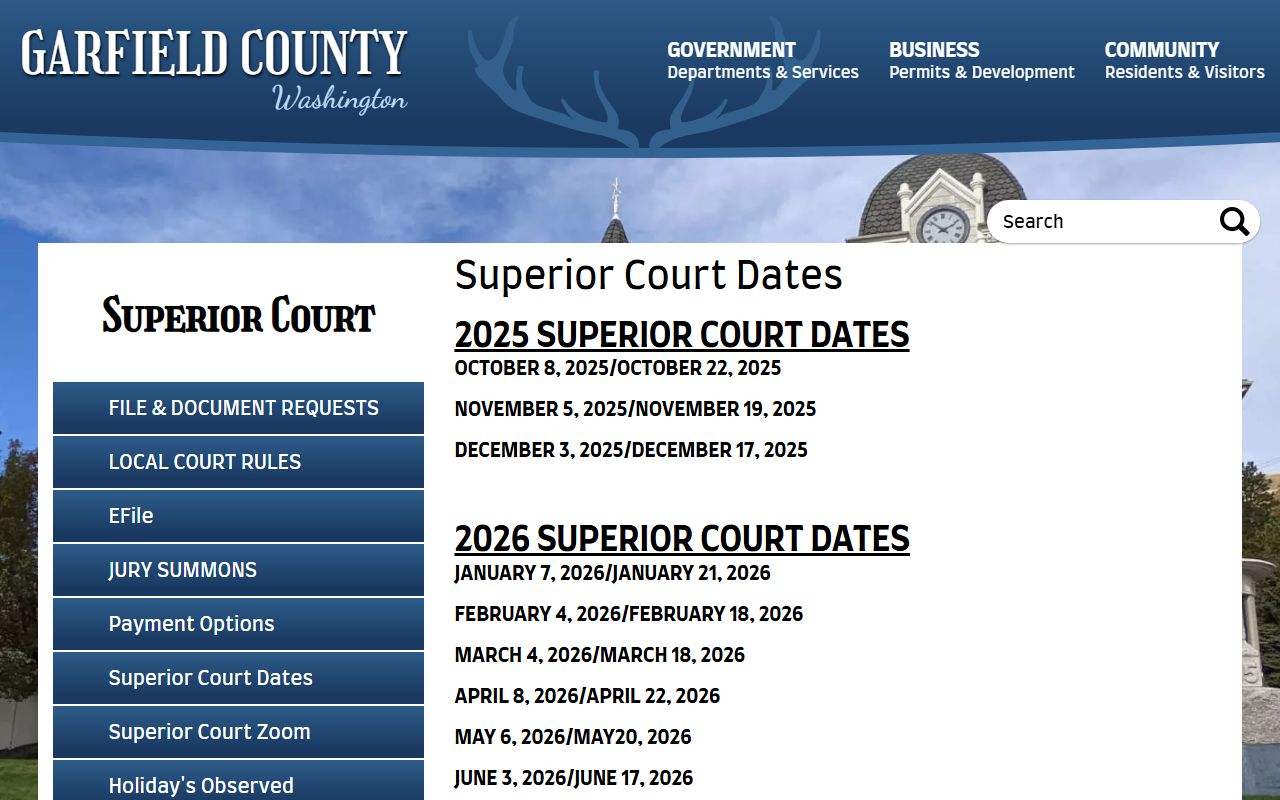 Garfield County Superior Court dates calendar Washington