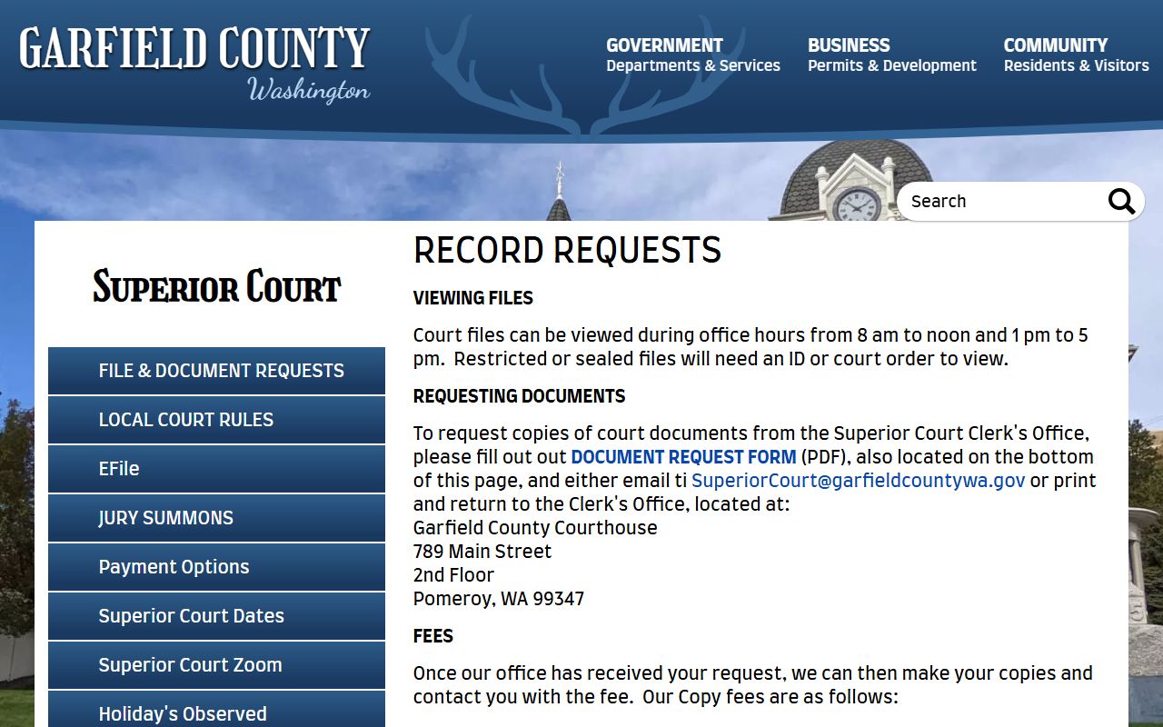 Garfield County court records request form Washington