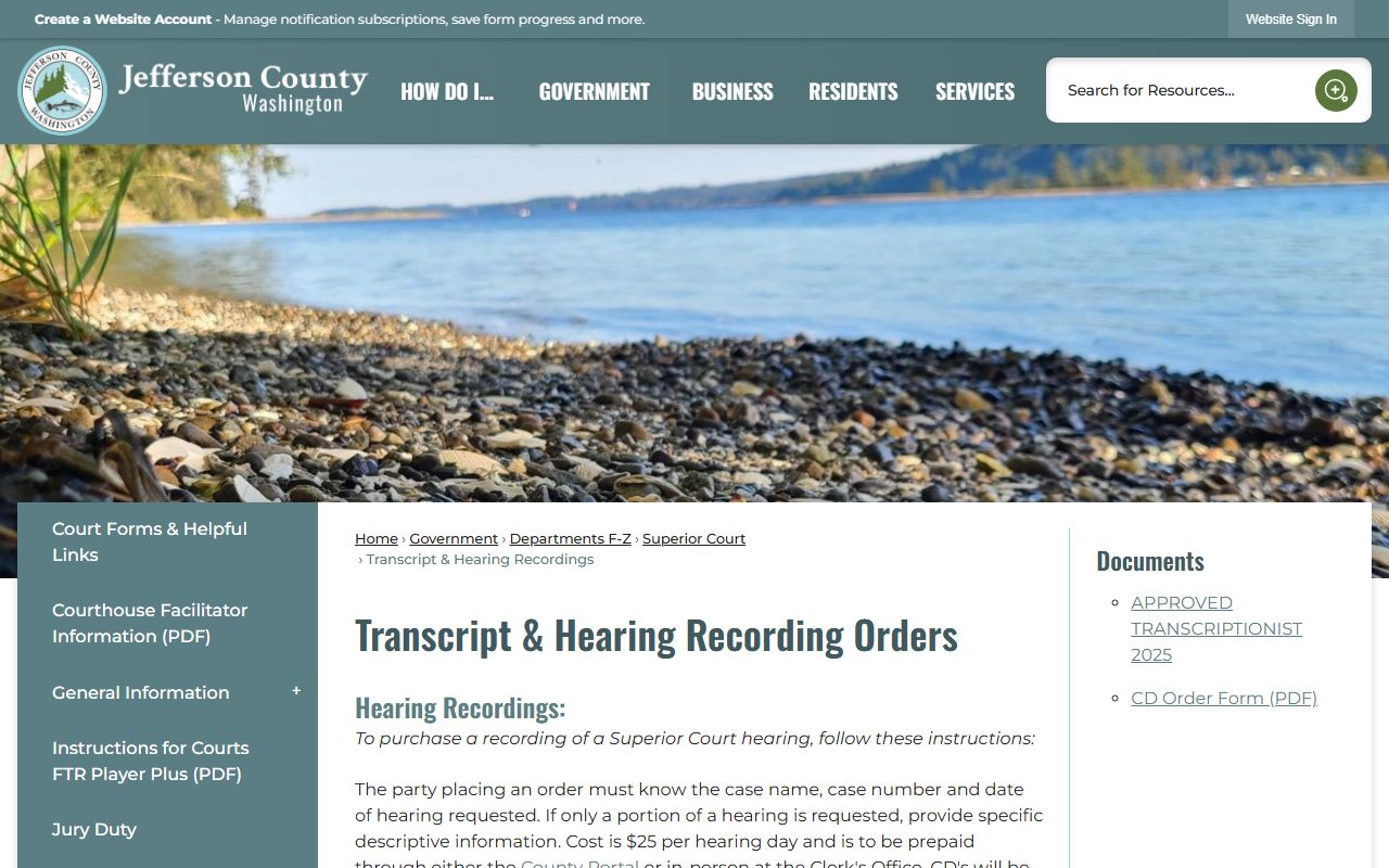 Jefferson County hearing recordings and transcript order page