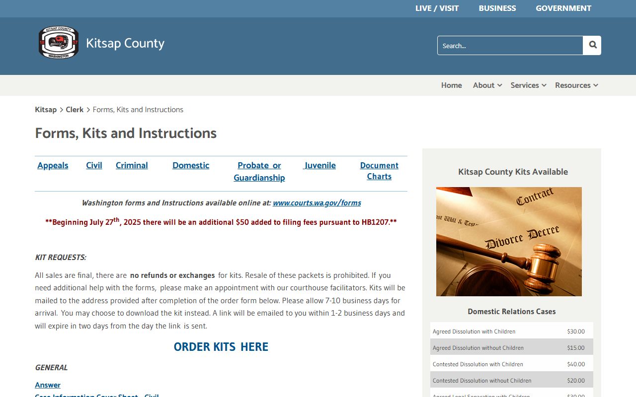 Kitsap County Clerk forms and court filing kits page