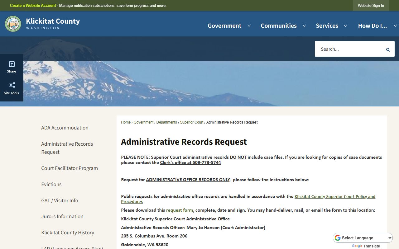 Klickitat County Superior Court administrative records request page