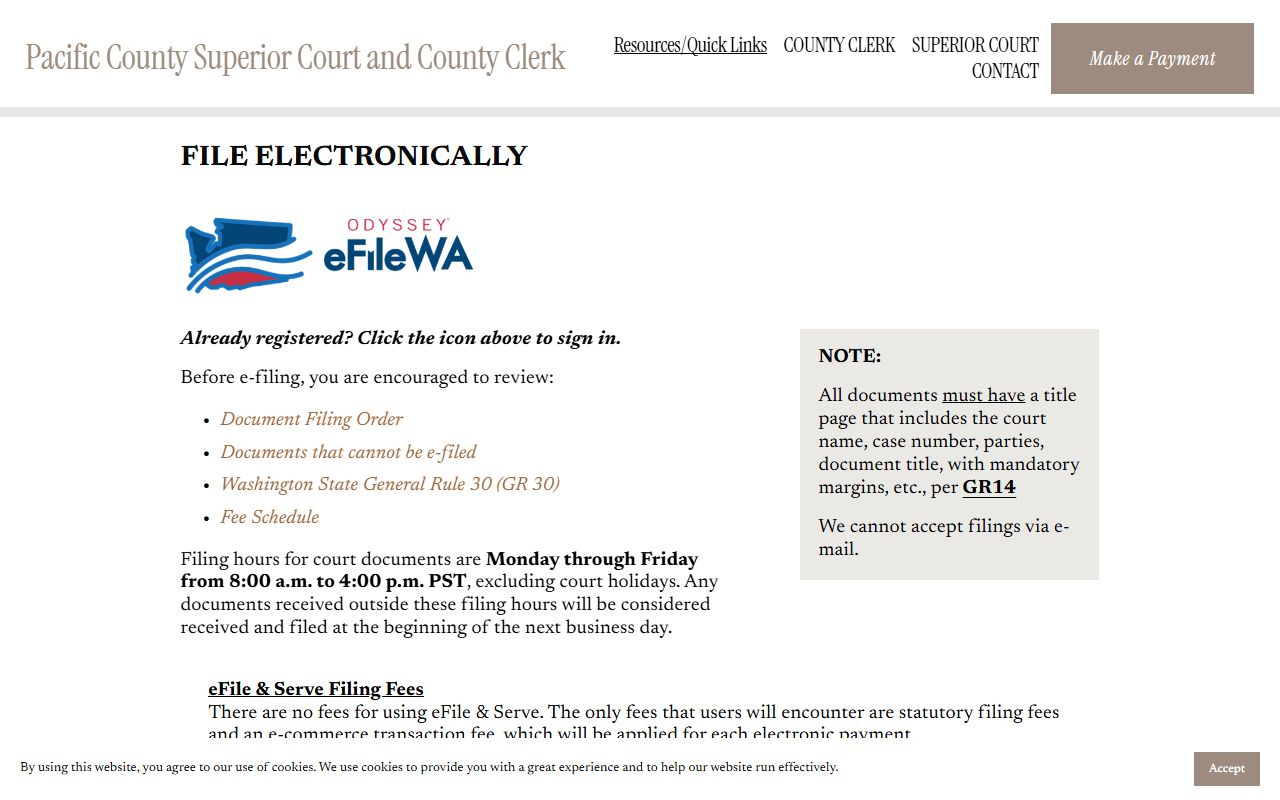 Pacific County eFileWA electronic filing instructions