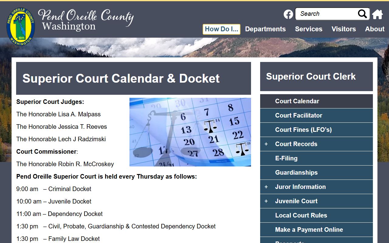 Pend Oreille County Superior Court calendar and docket schedule