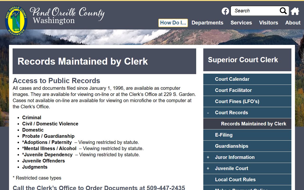 Pend Oreille County court records types maintained by Superior Court Clerk