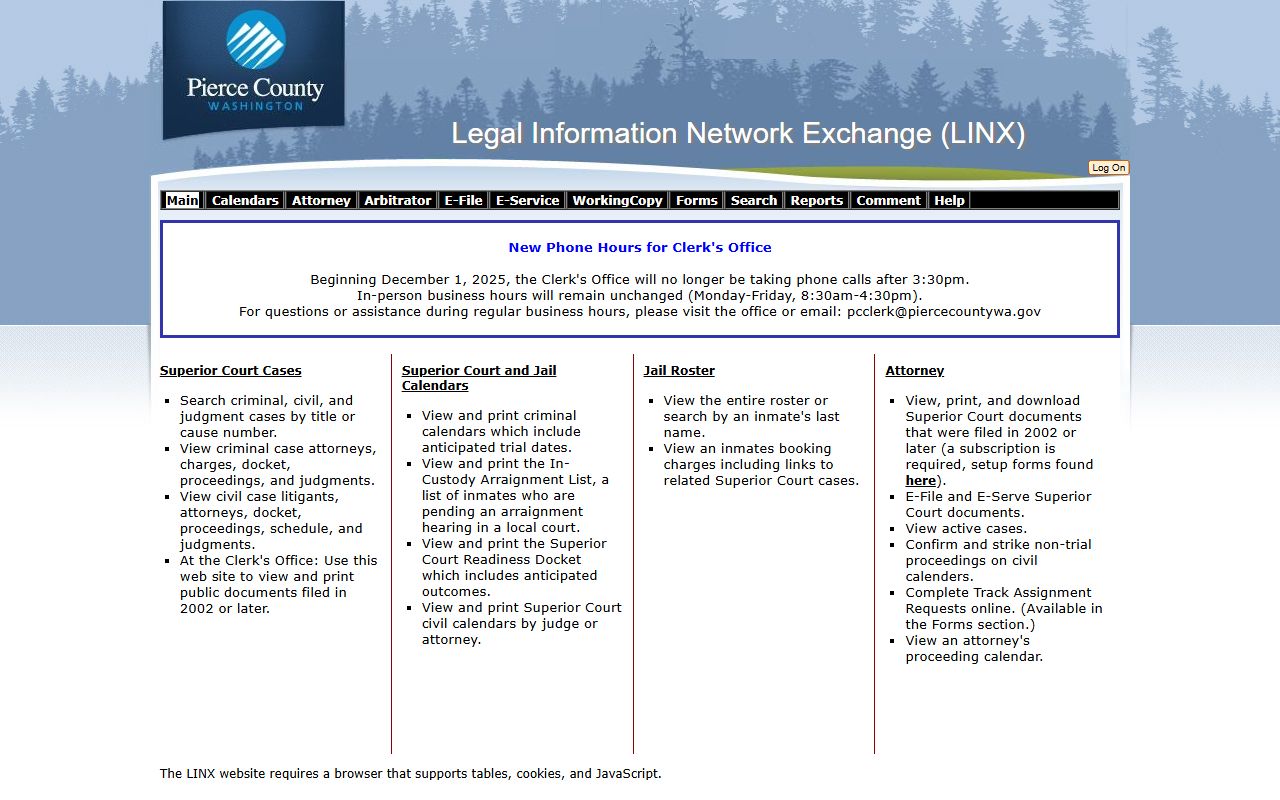 Pierce County LINX online court records search system main portal
