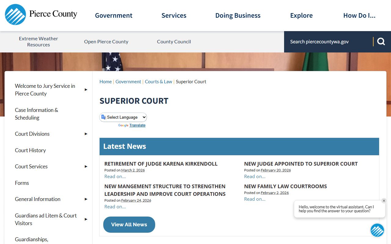 Pierce County Superior Court departments and judges page