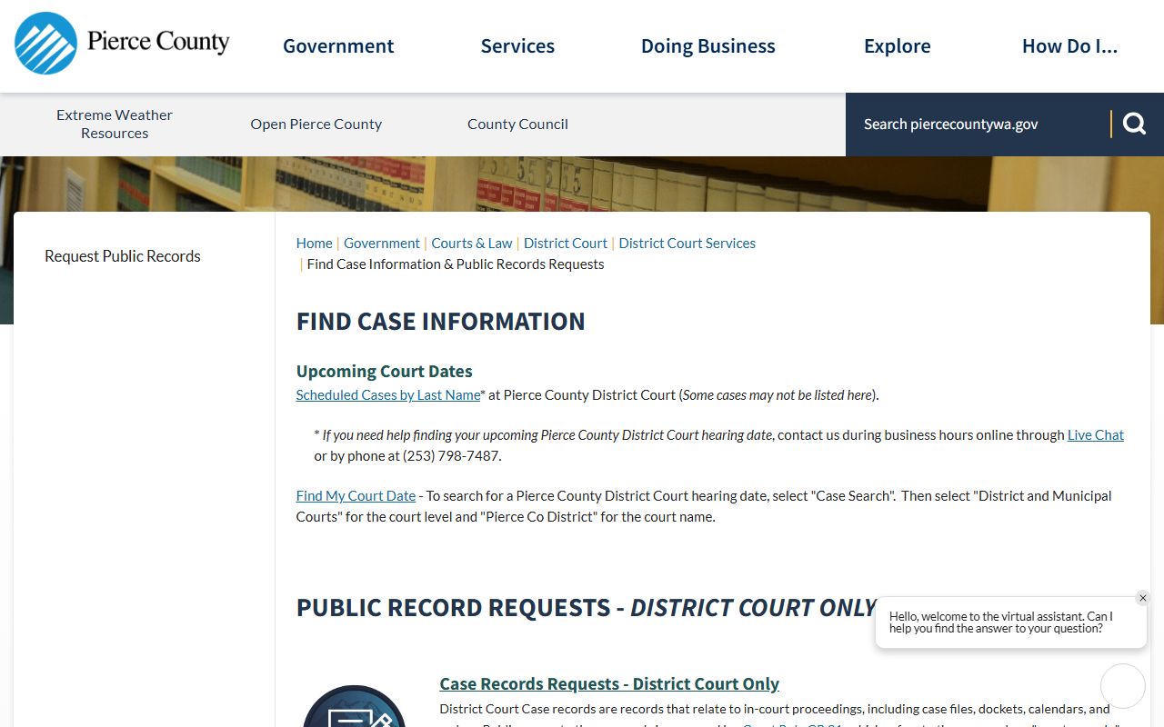 Pierce County find case information and public records request page
