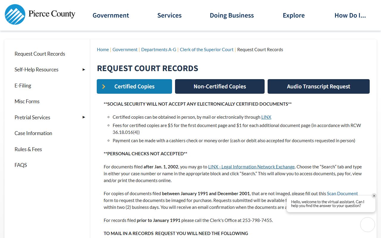 Pierce County request court records page with instructions and fees