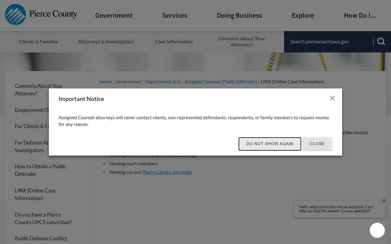 Pierce County LINX online case information overview page