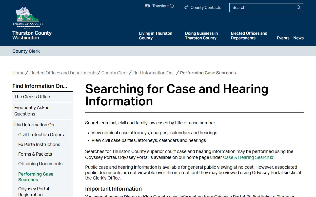 Thurston County Superior Court case and hearing search
