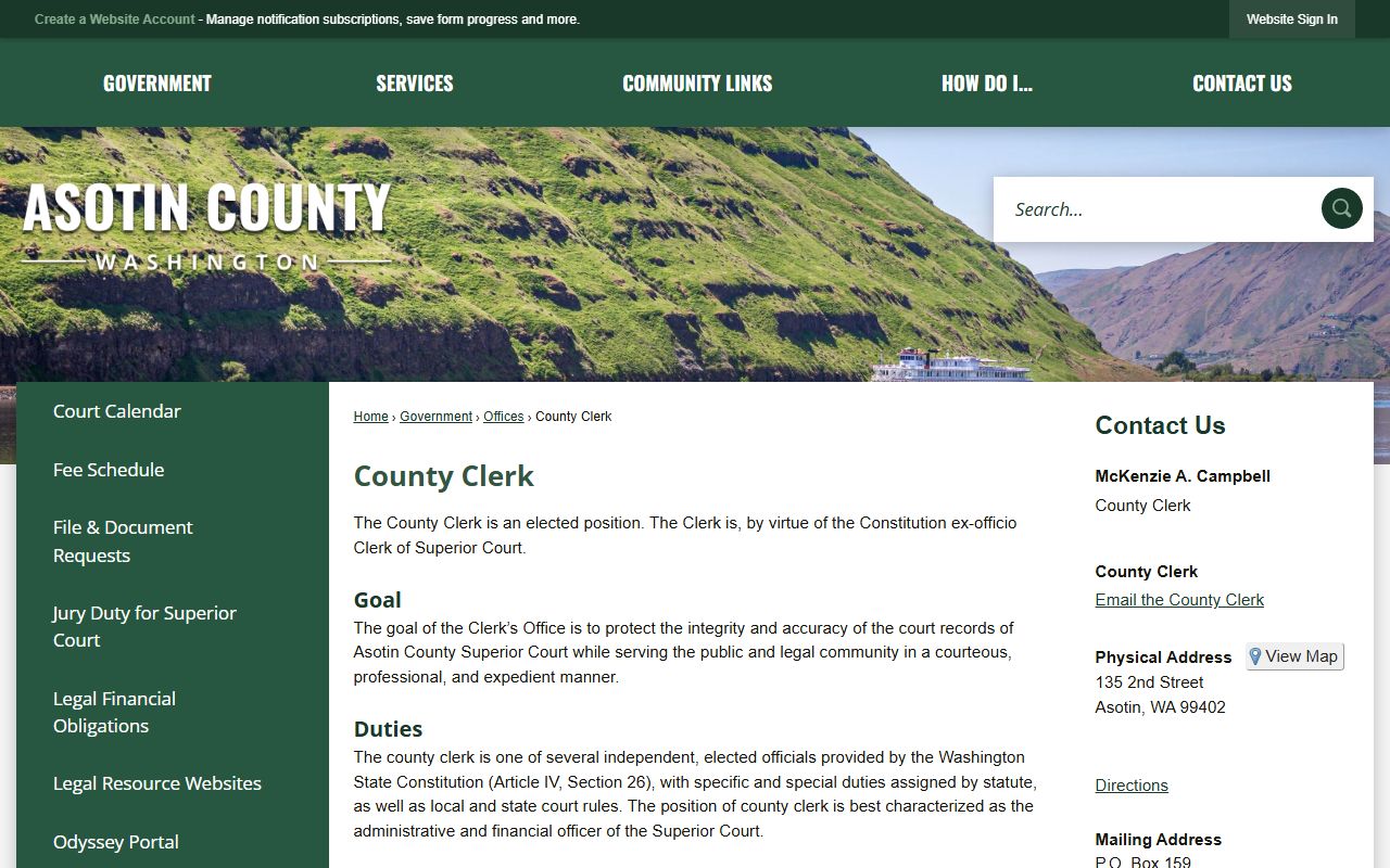 Asotin County court records clerk office page with duties and contact
