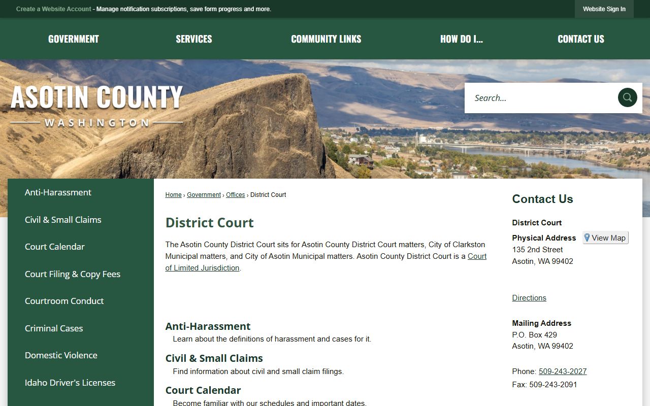 Asotin County District Court page showing misdemeanor and civil case information
