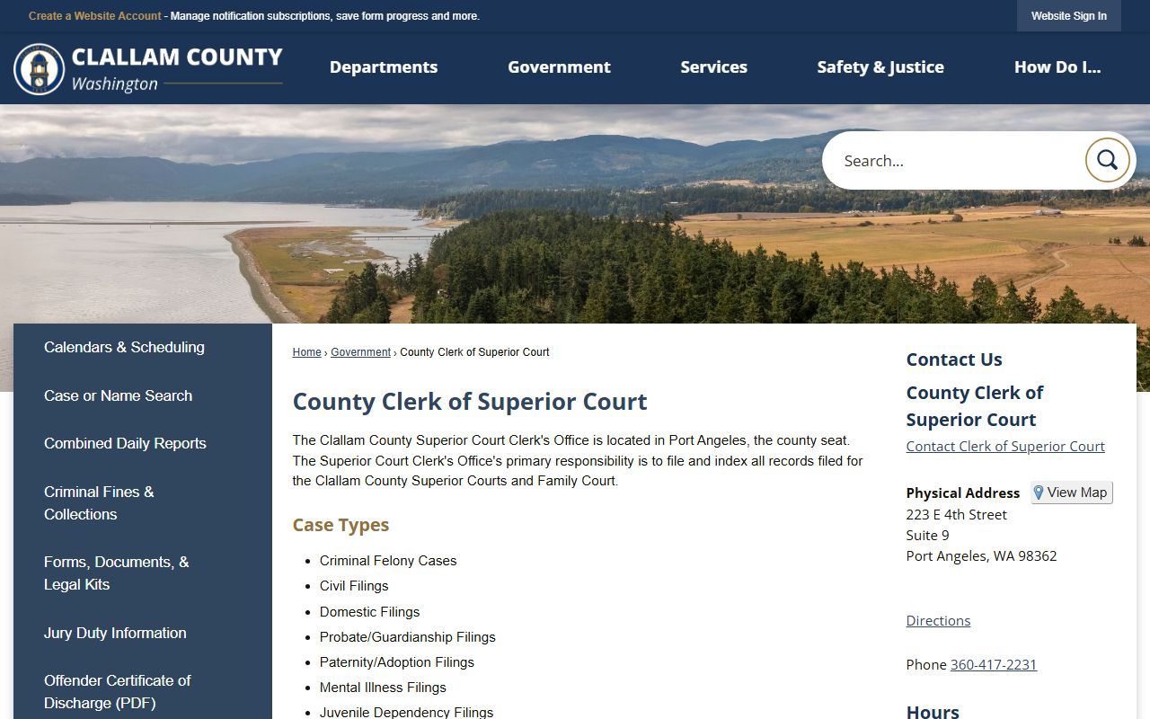 Clallam County court records clerk office page with case types and hearing schedule
