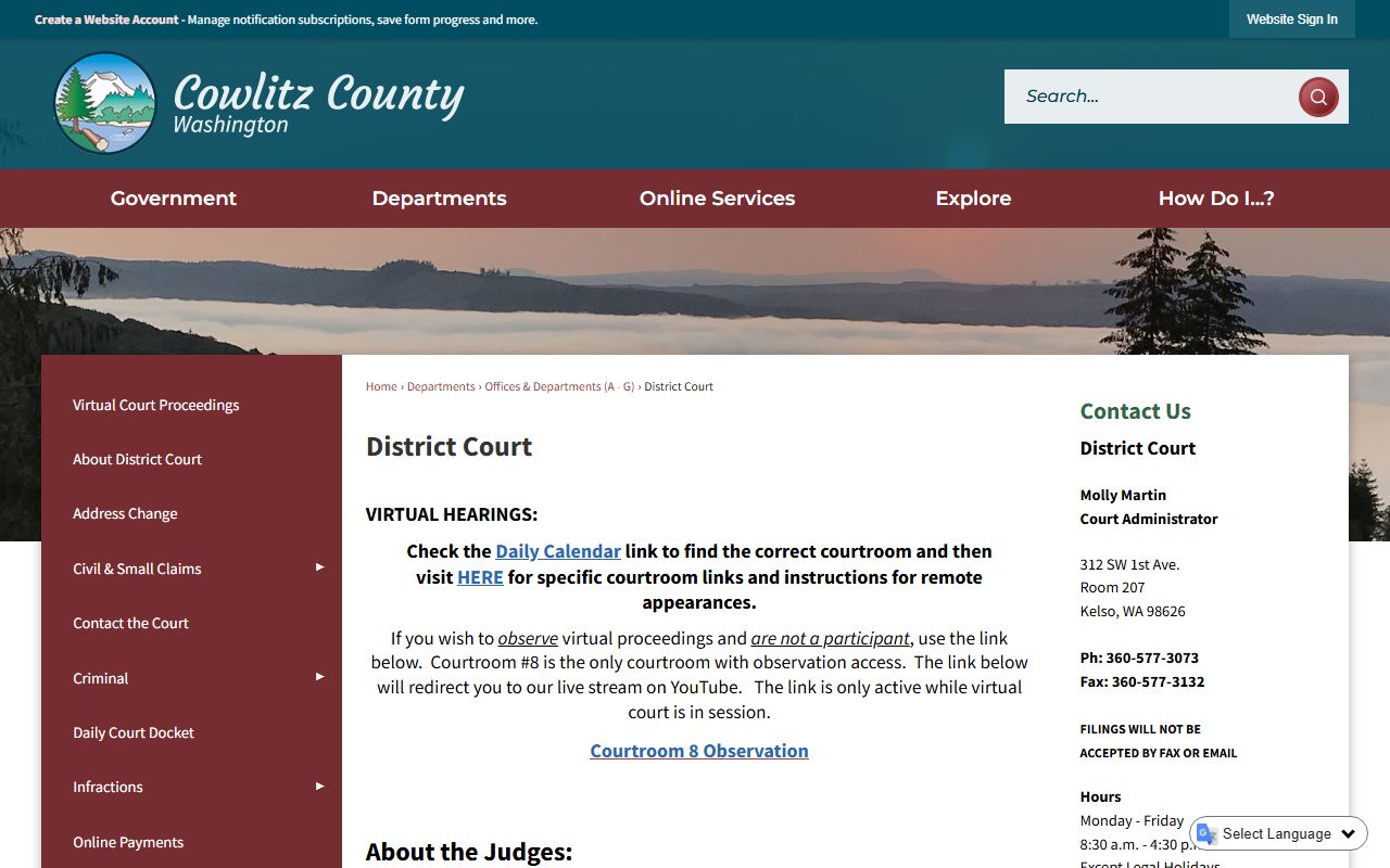 Cowlitz County District Court court records page