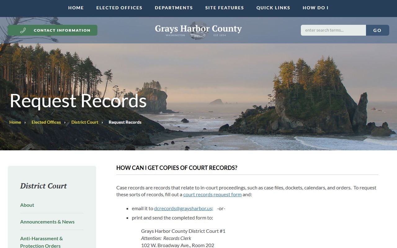 Grays Harbor County District Court records request Washington