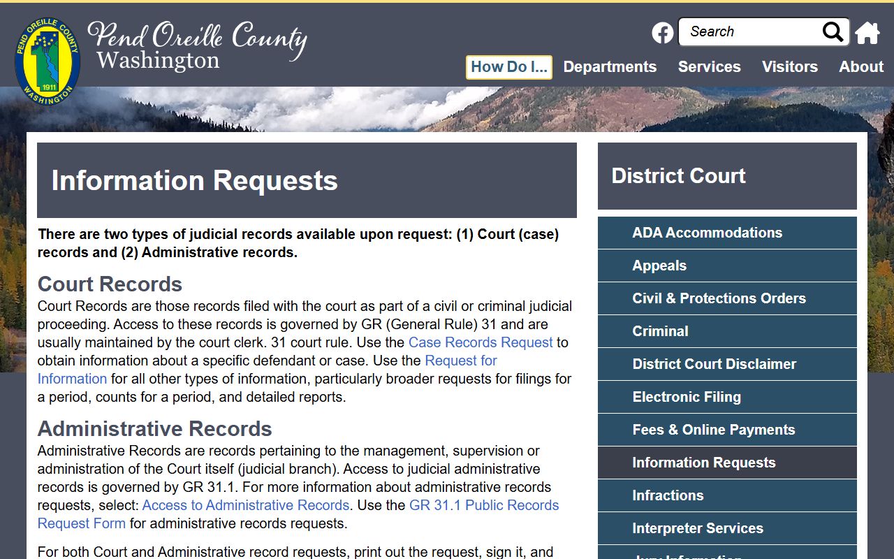 Pend Oreille County District Court information requests page