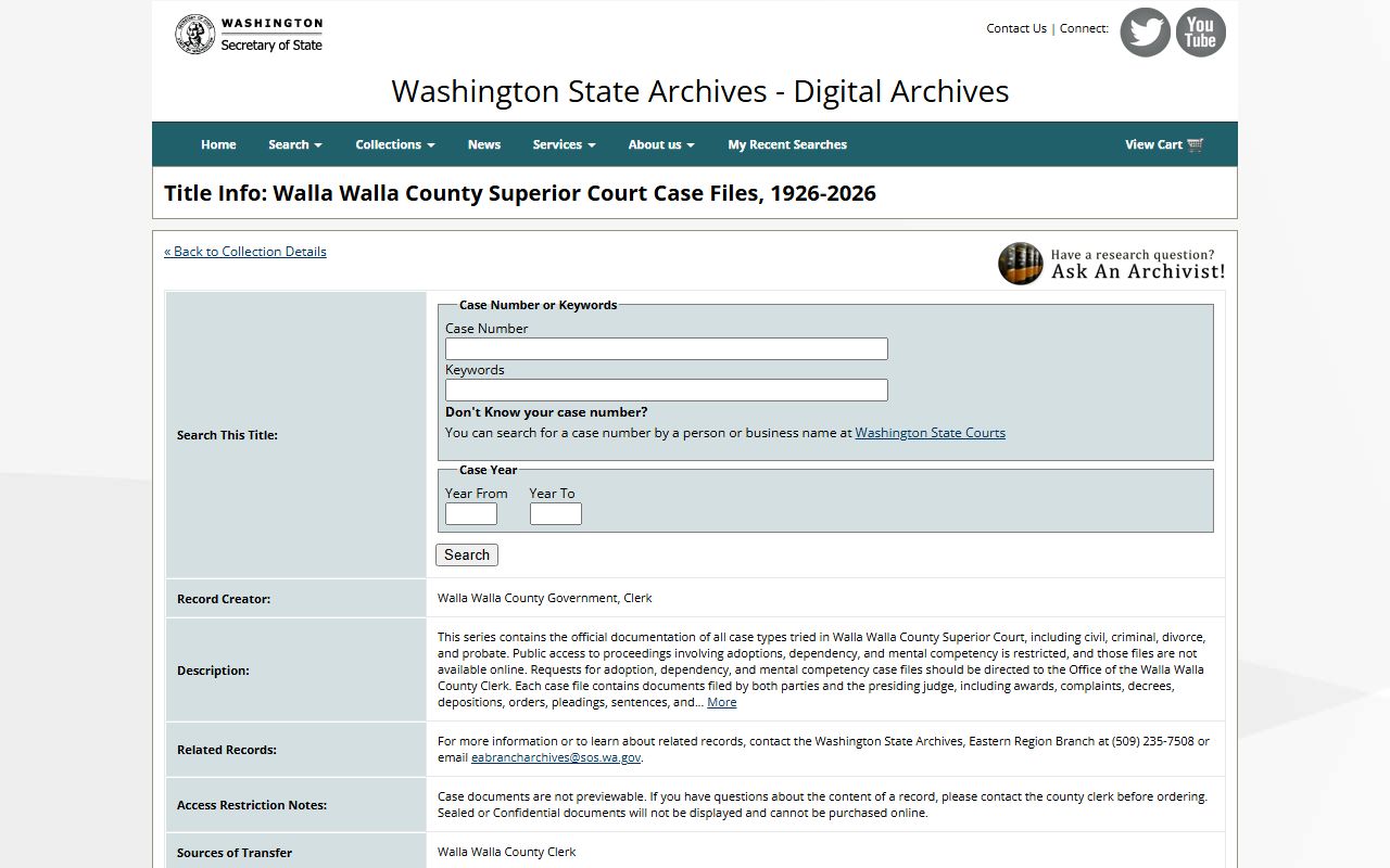 Walla Walla County superior court digital archives records