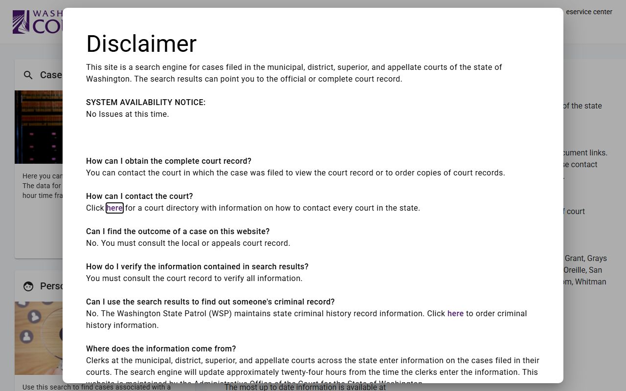 Washington State Court Case Search portal at dw.courts.wa.gov