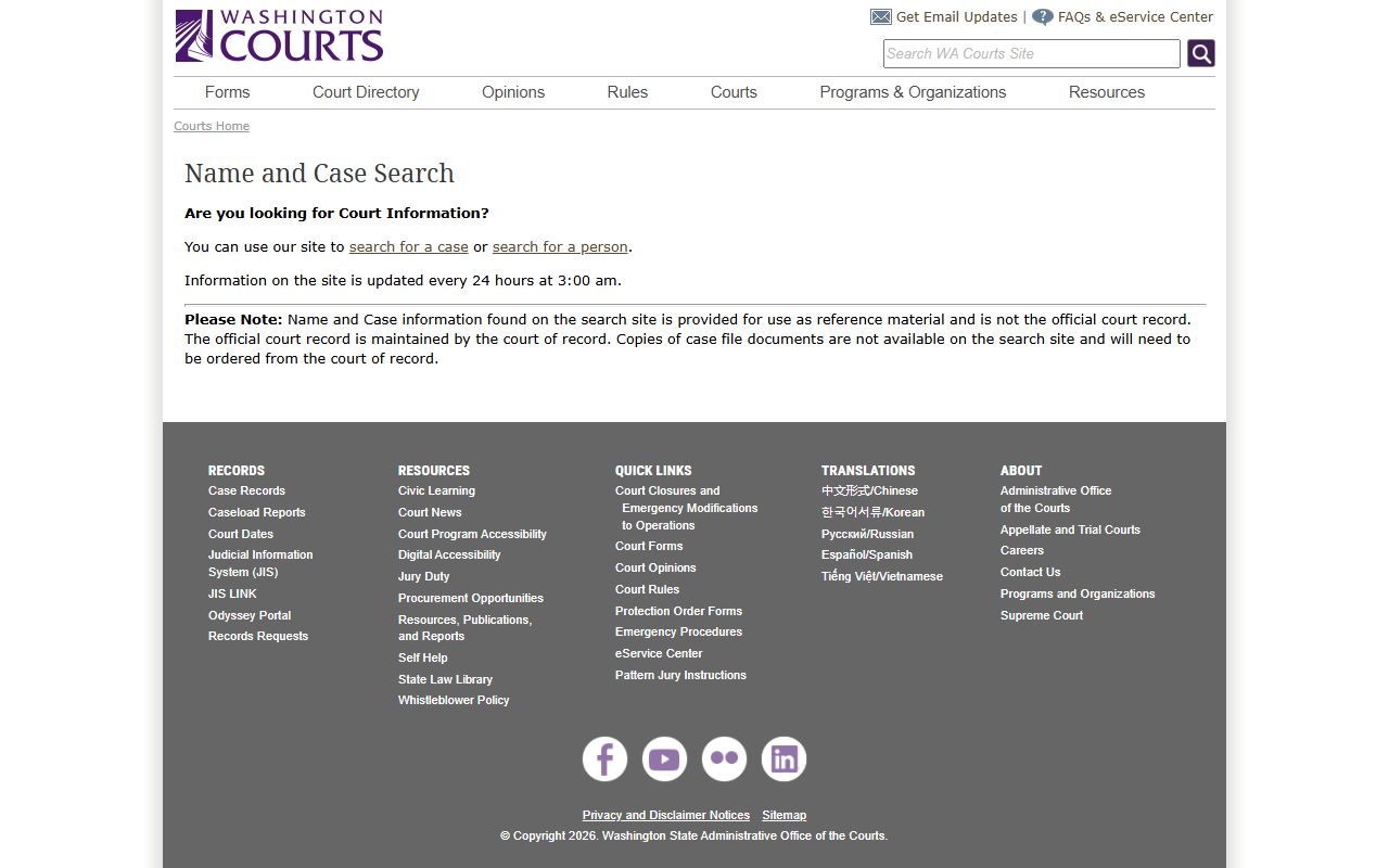 Washington State Courts Name and Case Search tool
